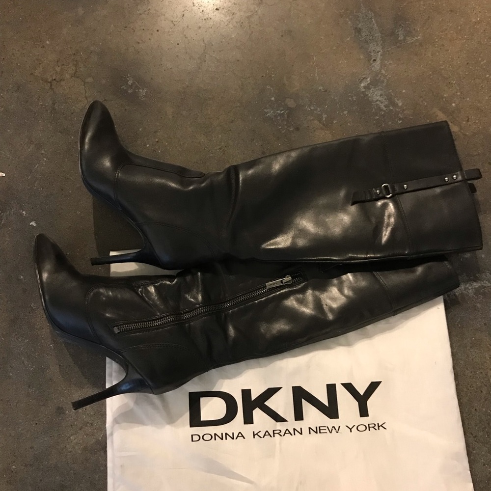 DKNY black stiletto leather boots